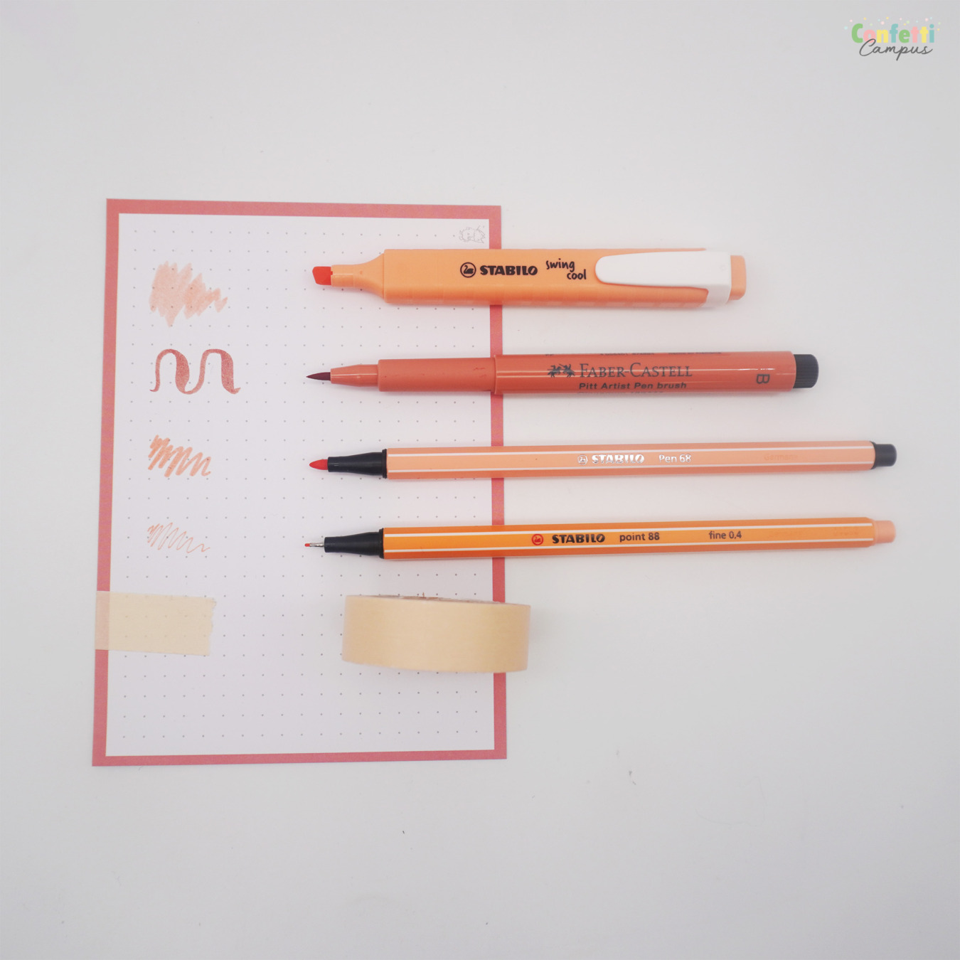 Set aus Marker, Fineliner, Brushpen, Filzstift und Washitape Pfirsich