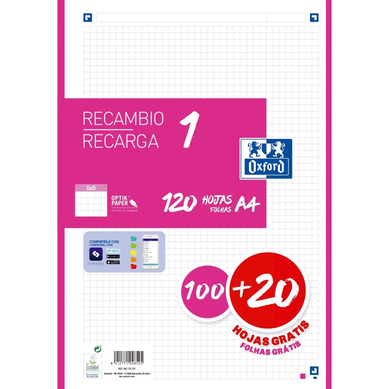 OXFORD Lernzettel A4 120 Blatt Kariert Fuchsia