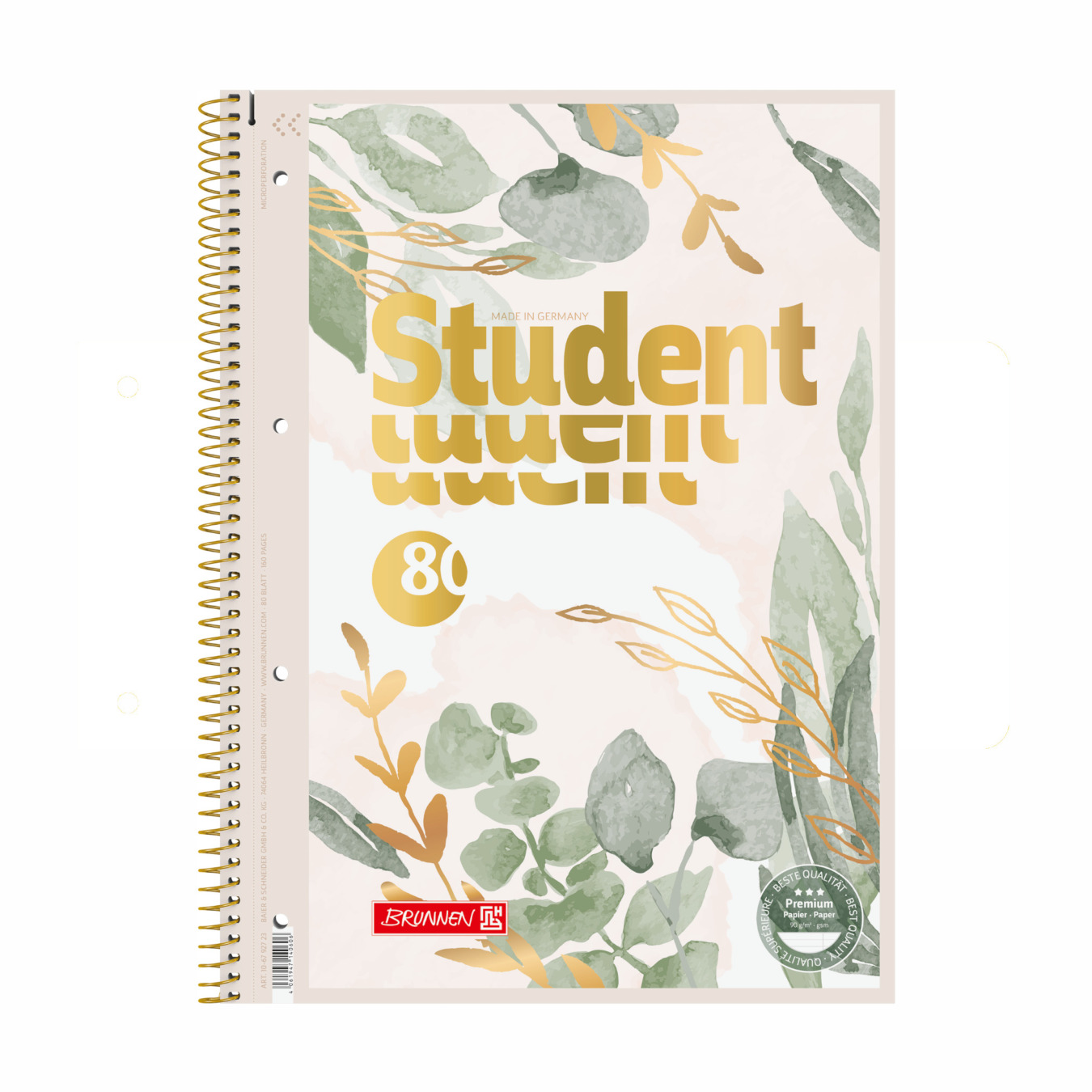 BRUNNEN PREMIUM STUDENT Collegeblock A4 Bloom liniert Gold-Natur